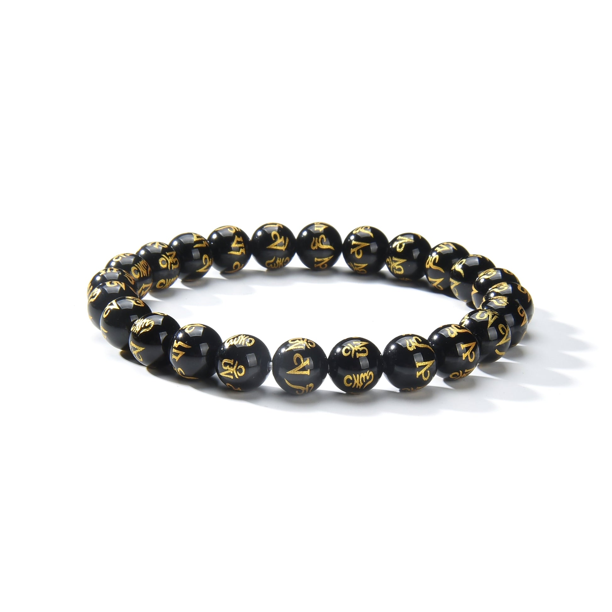 Black Agate Carved Buddha Six Word Admonition Round Beads Bracelet 8mm