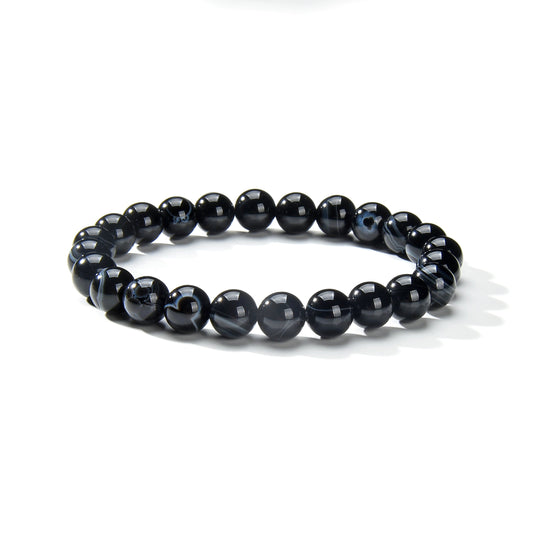 Black Banded Agate Round Beads Bracelet 8mm