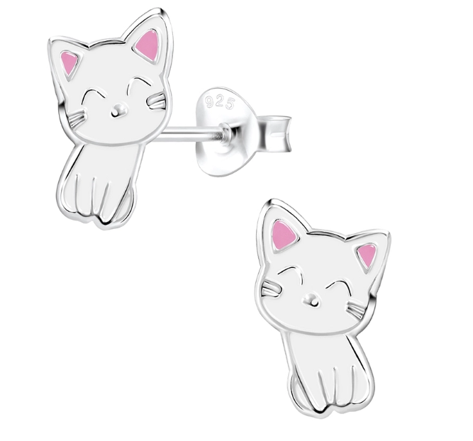 Silver Cat Stud Earrings white